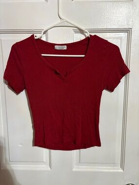 Women's Ribbed Short Sleeve V-Neck Top - Red